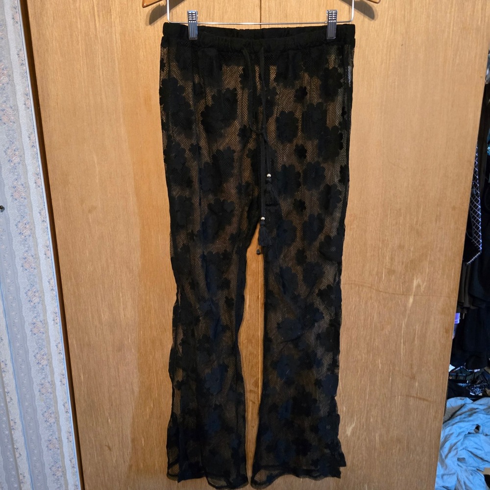 Miken Swim Pants Cover Up Women Medium Black Floral Lace Mesh Sheer Wide Flare
